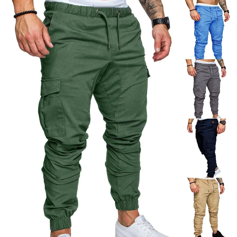 Men Casual Solid Color Pockets Waist Drawstring Ankle Tied Skinny Cargo Pants