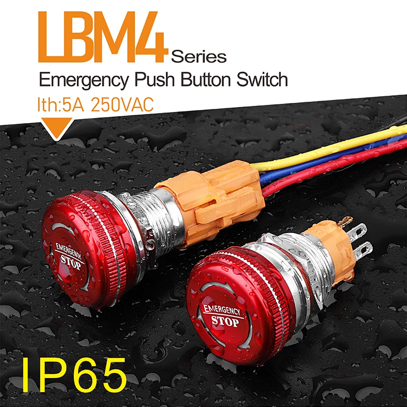 LANBOO 16mm 19mm 22mm Mushroom emergency stop push button switch with led 12V24V light luminescence waterproof IP65