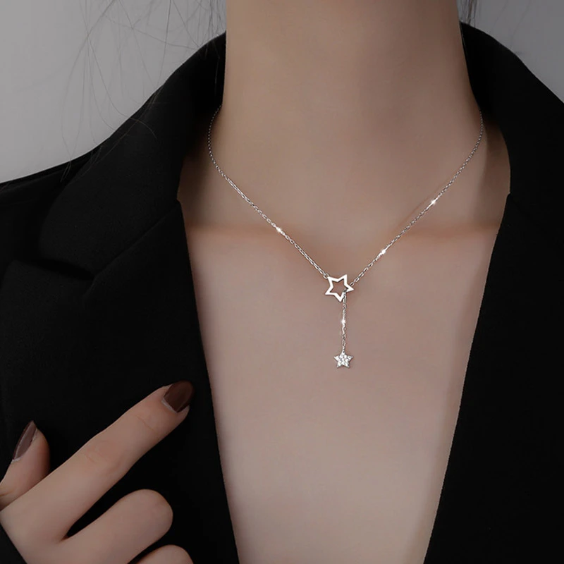 Hot Sale Exquisite 925 Sterling Silver Five-Pointed Star Necklace Shiny Zircon Star Pendant Clavicle Chain For Girl NK060