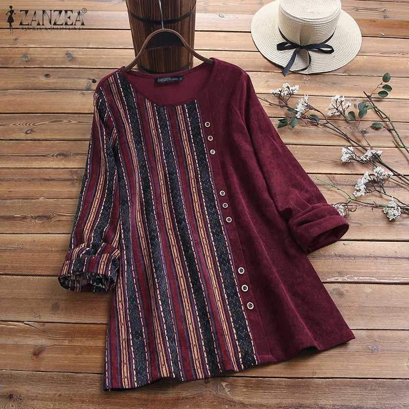 ZANZEA Spring Vintage Blouse Women Casual Long Sleeve Printed Corduroy Patchwork Loose Shirt Tunic Top Female Blusas 7