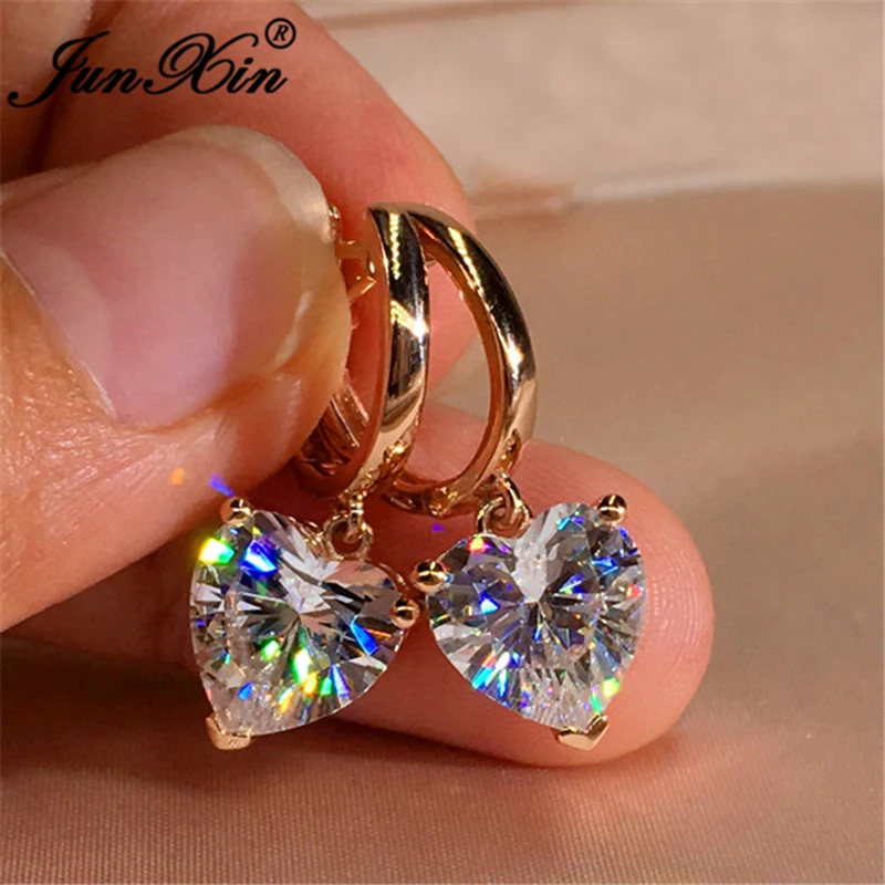 Girls 6/8MM Clear Crystal Love Heart Earrings Rose Gold White Zircon Hoop Earrings For Women Christmas Day Wedding Ear Jewelry