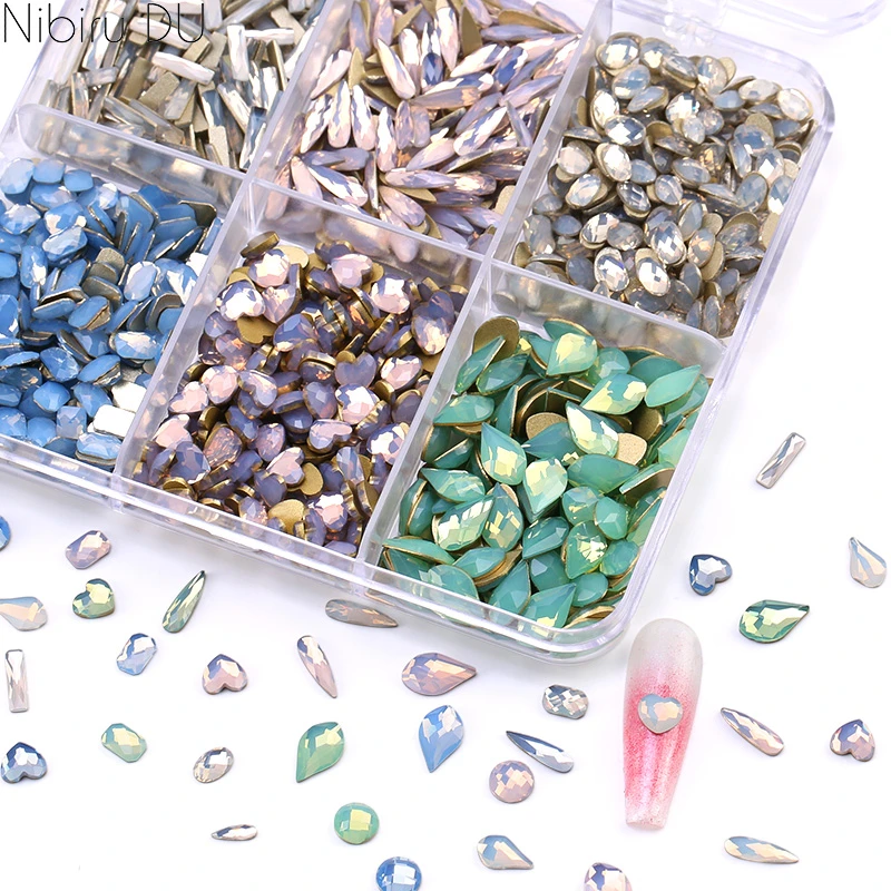 20Pcs Opal Mixed Shapes Pink/Peridot/Blue/White Flatback Crystal Nail Rhinestone Stones For DIY 3D Nails Art Decorations
