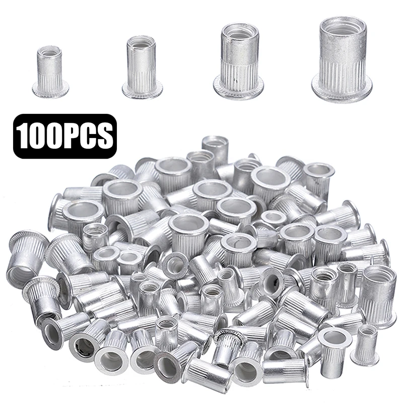100pcs Steel Aluminum Rivet Nuts Kit Threaded Rivet Nut Inserts Rivnut Nutsert M4 M5 M6 M8 Mixed Kit Set Repairing Tools