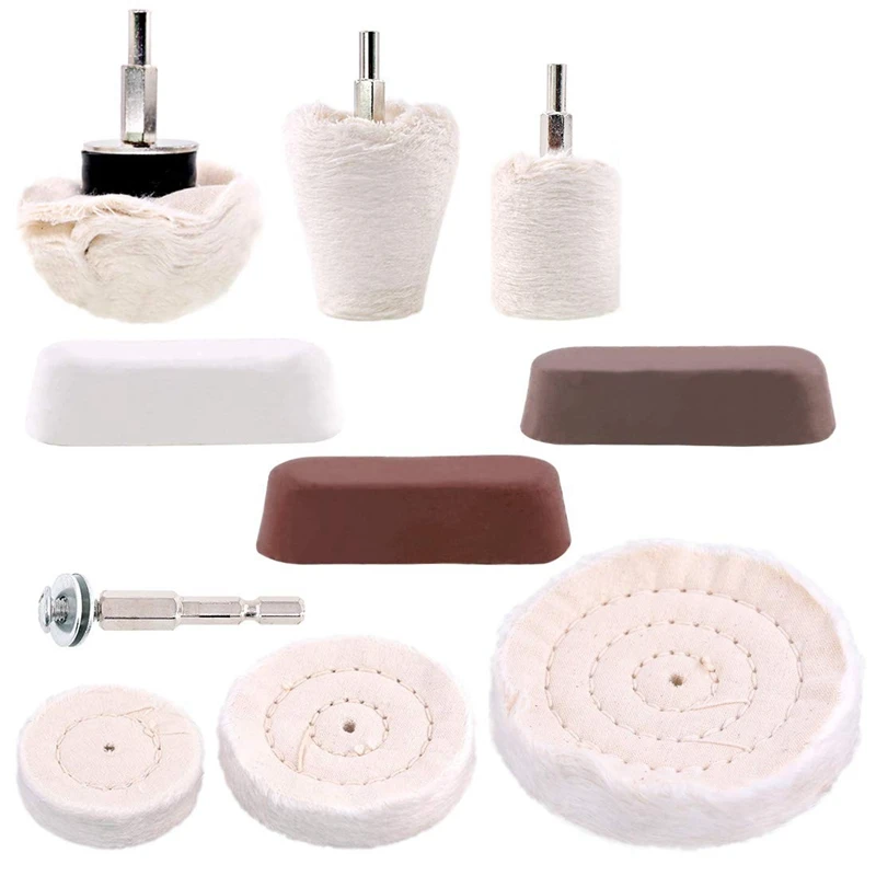 10 Pcs Buffing Pad Polishing Wheel Kits with 3Pcs Rouge Compound with 1/4 inch Handle, for Manifold, Aluminum, Stainless Steel,