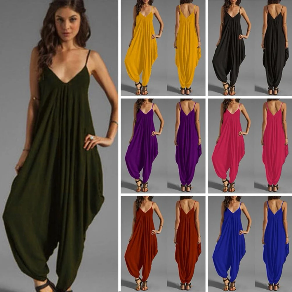 2021 Women Spaghetti Strap Solid Jumpsuit Summer Casual Loose Sleeveless Sexy Deep V Neck Long Rompers Wide Leg Pants Overalls