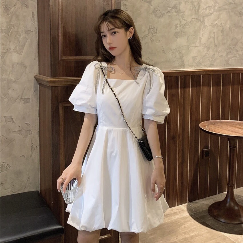 Summer Mini Dress Women White Puff Sleeve Korean Style Fairy Dress Bows Chiffon Japan Style Kawaii Elegant Vintage Party Dress