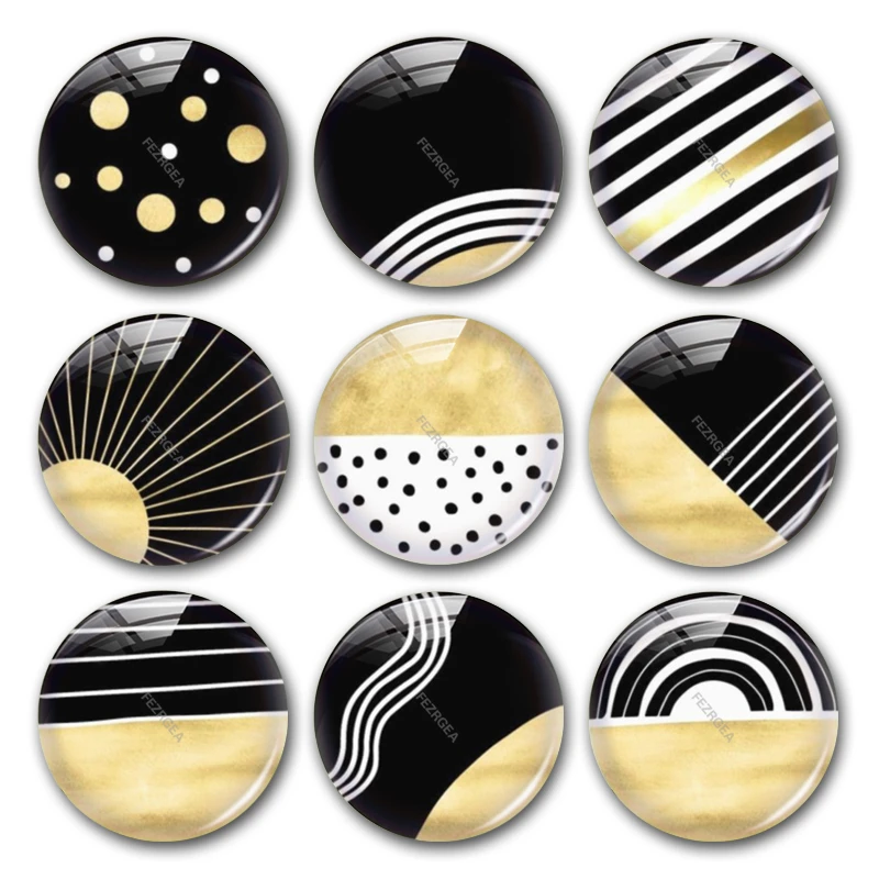 Geometric Pattern Glass Cabochon,Black White Yellow Digital Images Round Photo Cabochons Demo Flat Back Jewellry Making Findings