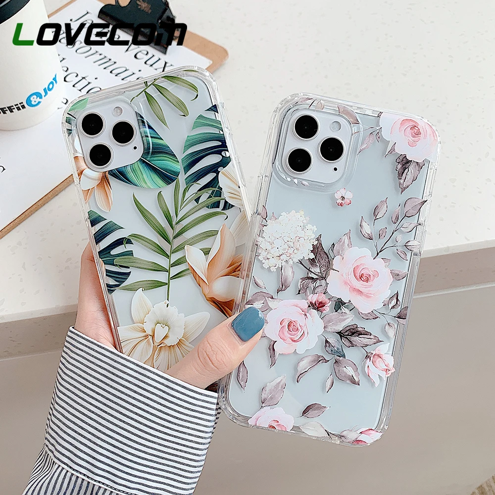LOVECOM Cute Flower Leaf Butterfly Phone Case For iPhone 13 12 11 Pro XR XS Max 7 8 Plus Soft IMD 2 in 1 Clear Back Cover Coque
