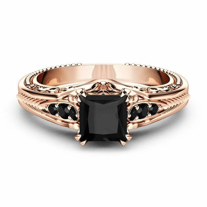 Fashion Black Zircon Ring Vintage Geometric Rings Women Jewelry Accessories Anniversary Engagement Party Rose-Gold