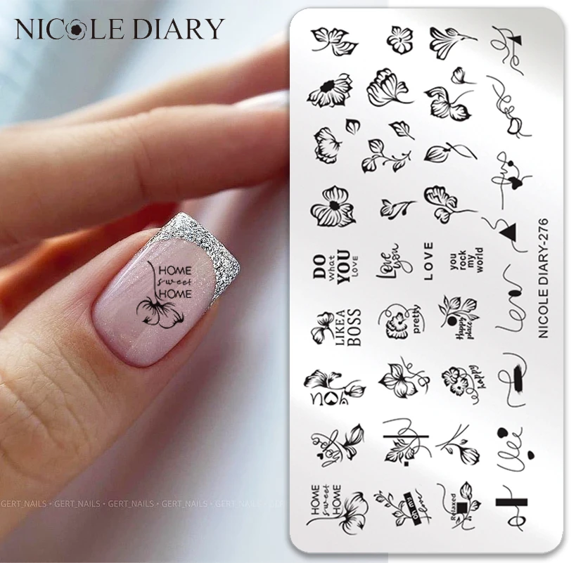 NICOLE DIARY Gradient Flower Stripe Nail Stamping Plates Design Stamp for Nails Leaf French Geometry Printing Stencil Decor