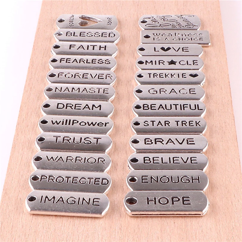 24pcs/lot Word Tags Pendant Charms Antique Silver Color Blessed Faith Believe Trust Family Namaste Fearless Dream Hope Charms
