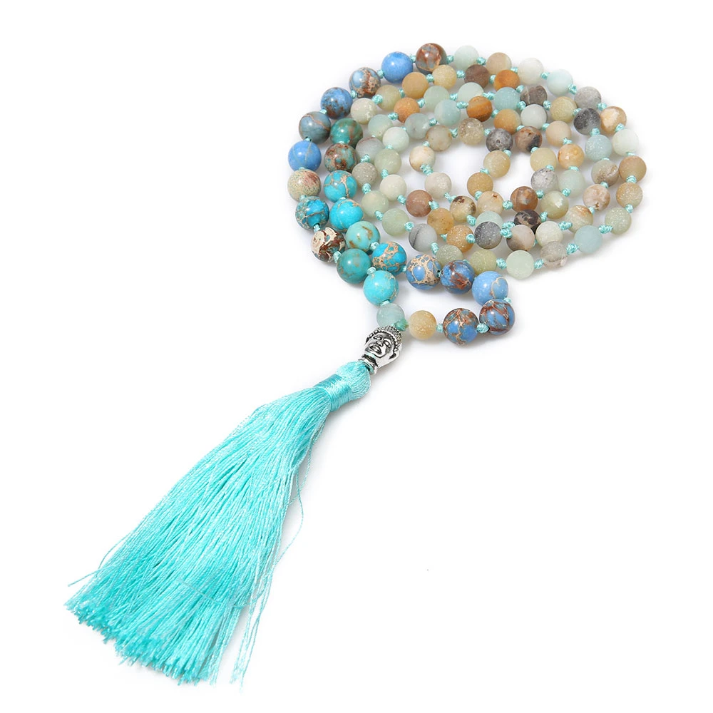 Frosted Amazonite & Emperor Stone 108 Mala Beads Knotted Necklace Men Women Yoga Blessing Jewelry with Buddha Head and Tassels
