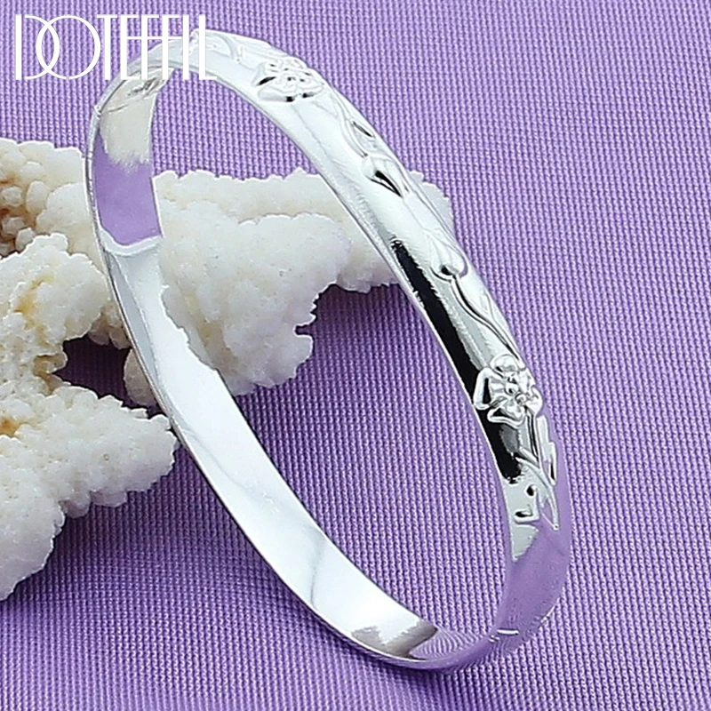 DOTEFFIL 925 Sterling Silver Women Bracelet 925 Silver Simple Circle Flower Rose Cuff Bangle Bracelet Jewelry Party Gift