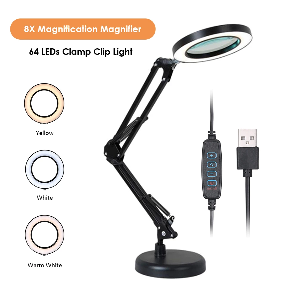 8X Foldable Illuminated Magnifier USB 3 Colors 64 LED Magnifying Glass for Soldering Iron Repair/Table Lamp/Skincare Beauty Tool