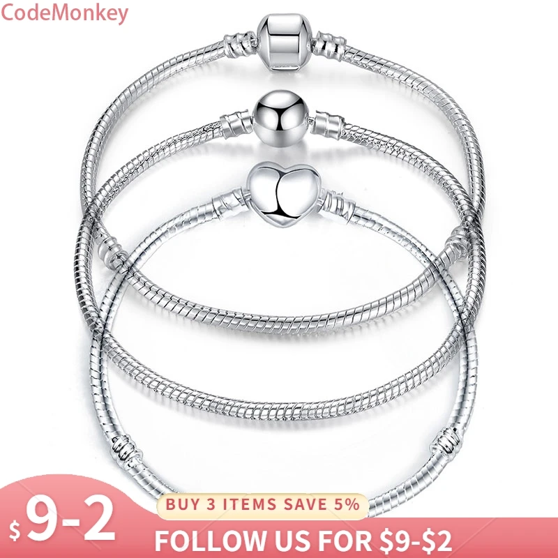 17-21cm Silver Color Love Snake Chain Bracelet Fit Original Design Beads Charm DIY Bead Bangles Jewelry Making Fashion Gift