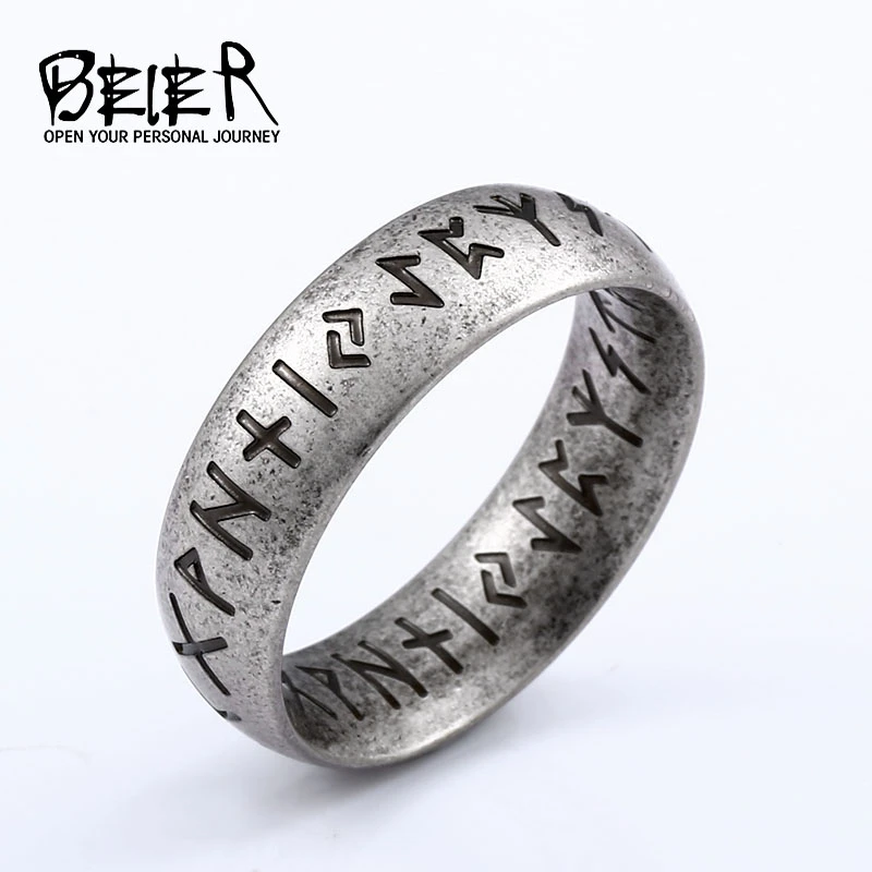 Beier 316L Stainless steel Fashion Style MEN Double letter  Rune words  Odin Norse Viking AmuletRETRO Rings Jewelry LR-R136