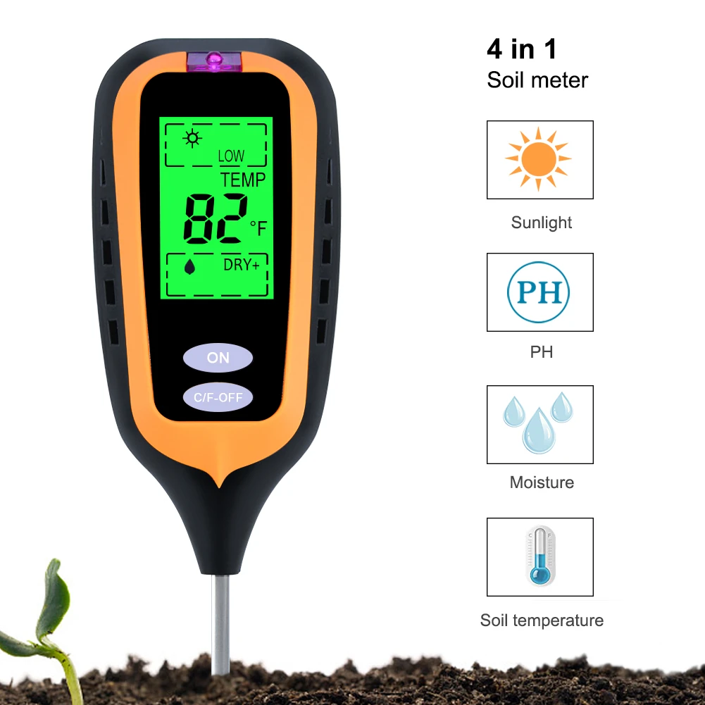 yieryi New 4 IN 1 Digital Soil Moisture Meter PH Meter Temperature Sunlight Tester for Garden Farm Lawn Plant with LCD Displayer