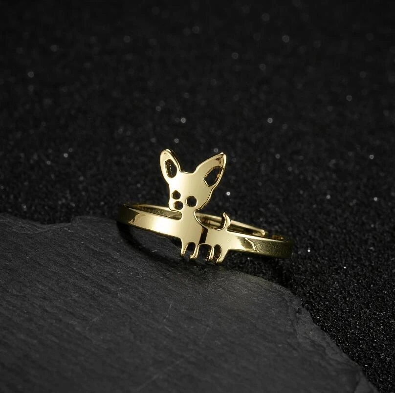 Shuangshuo Lovely Chihuahua Finger Rings Statement Jewelry for Women Adjustable Animal Shape Stainless Steel Ring Party Gift