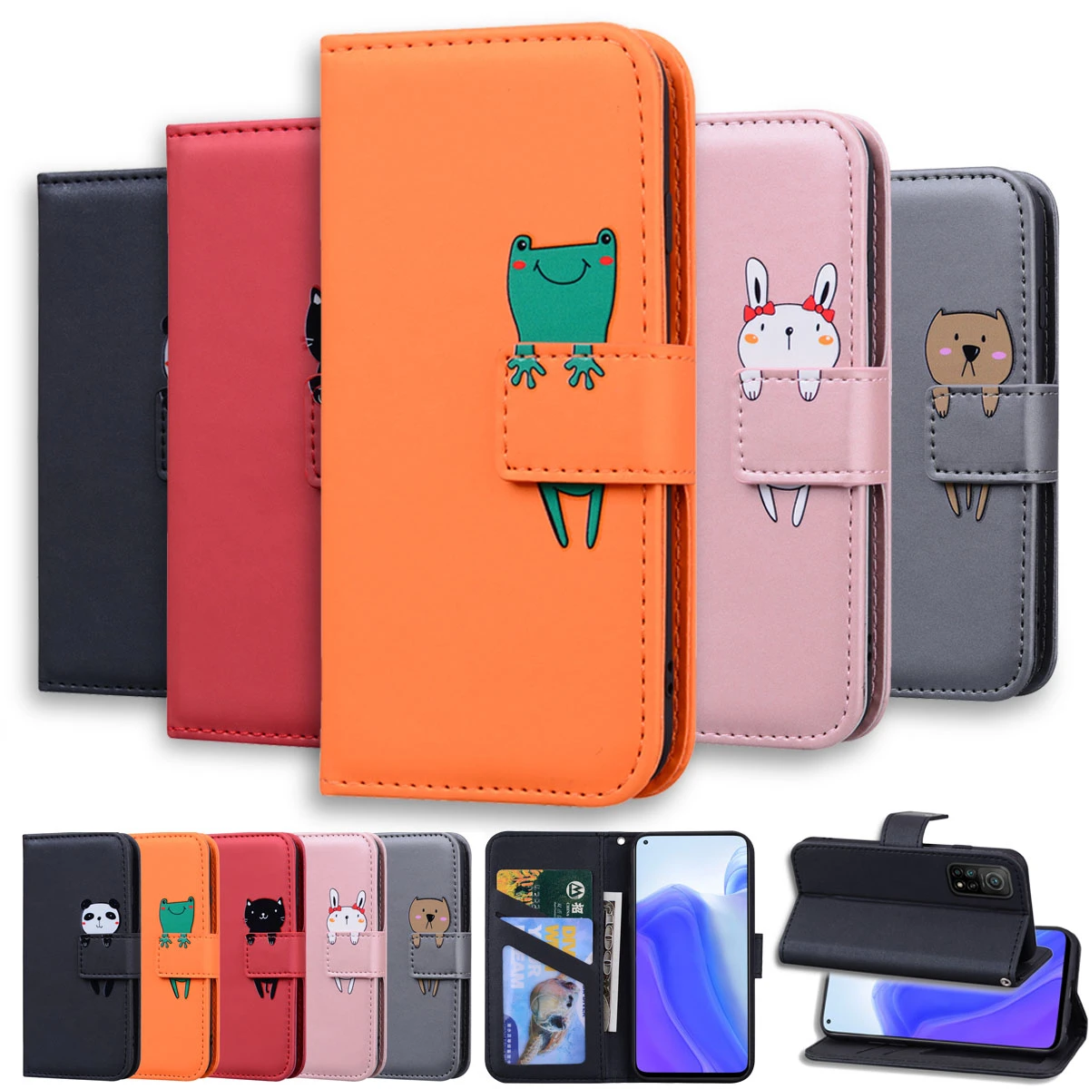 Lovely Animal Flip Leather Phone Case For Xiaomi POCO X3 NFC Redmi Note 9 9S 9A 9C 7 8 8T 7A 8A Mi 10 9T Pro Card Holder Cover