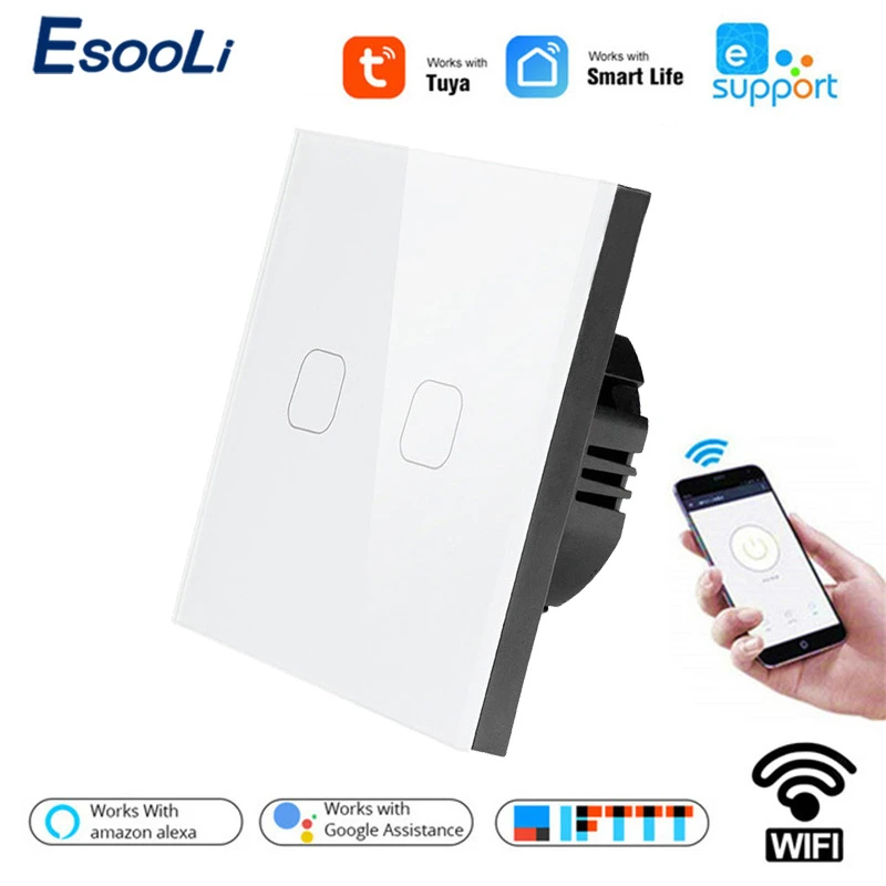 Esooli EU Standard Tuya/Smart Life/ewelink 2 Gang 1 Way WiFi Wall Light Touch Switch for Google Home Amazon Alexa Voice Control