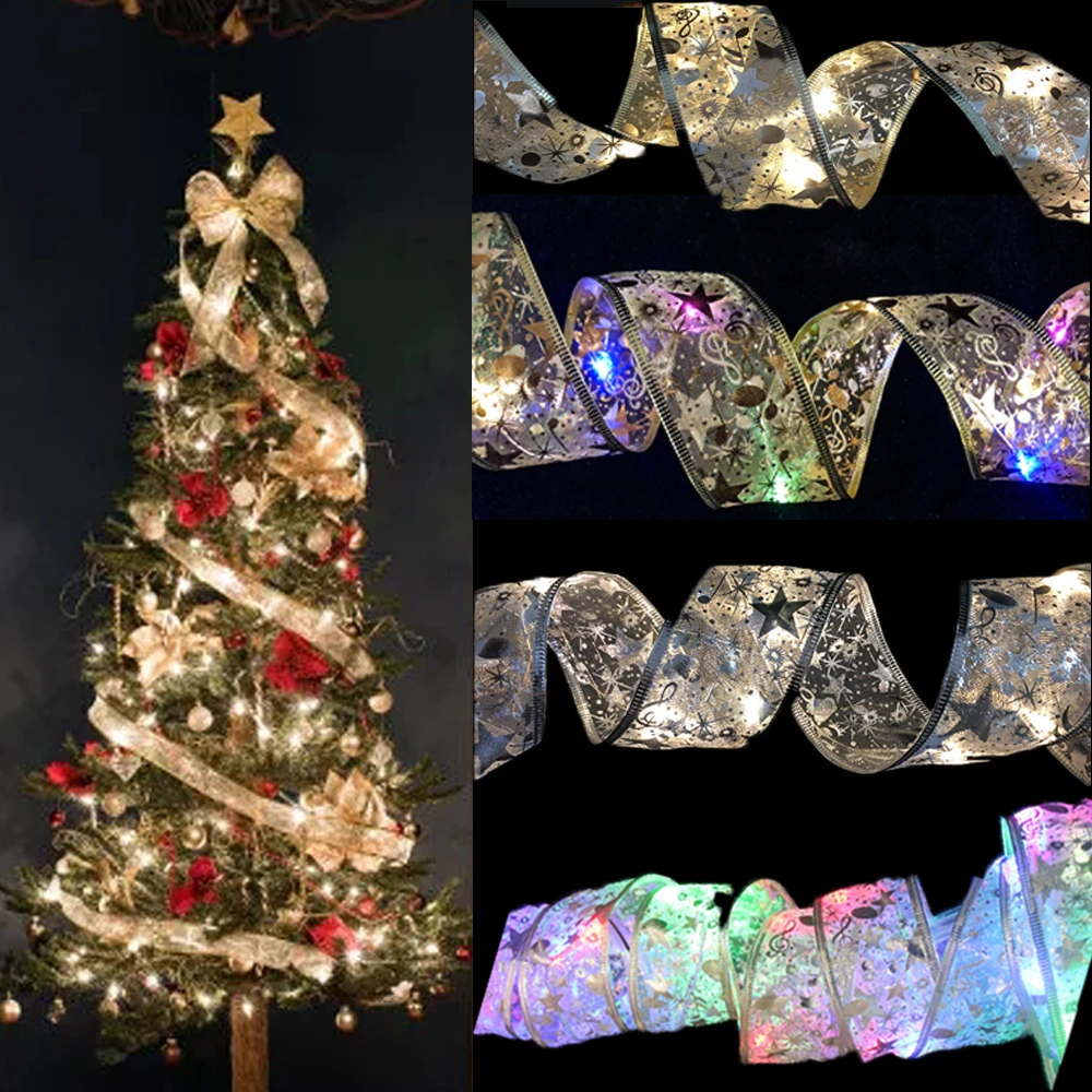 1M/2M/5M Christmas Ribbon With LED Lights Waterproof For Christmas Tree Decorations 2022 New Year Wall Window Home Decorations