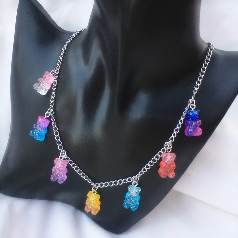 7 Colors Rainbow Cute Jelly Bear Gummy Necklaces for Women Girls Cool Punk Hip Hop Resin Necklaces Accessories