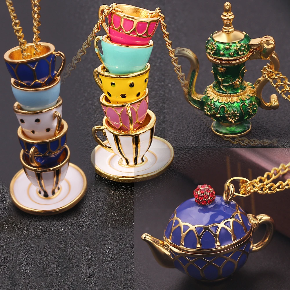 2019 New Hand Made Sweater Chain Clothing Accessories Long Necklace Enamel Jewelry Tea Cup Necklace Pendant Woman