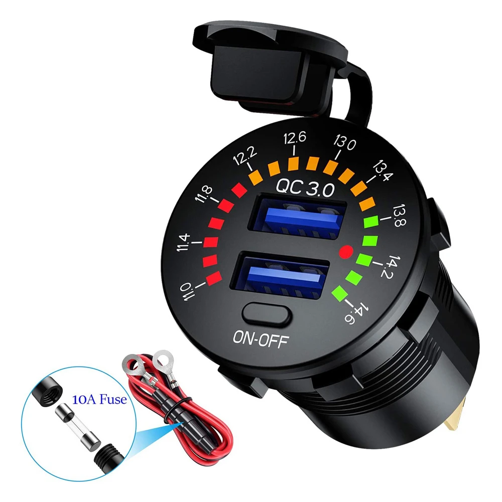QC 3.0 Dual USB Car Charger 12V 24V Waterproof 18W USB Outlet Fast Charge with LED Voltmeter ON OFF Switch Power Cable for car