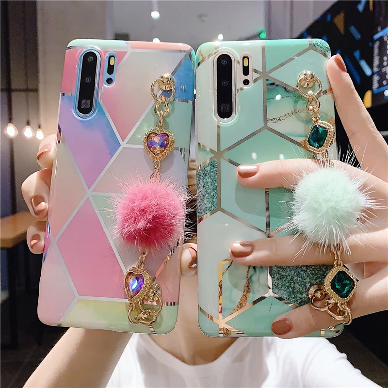 Luxury marble Hair ball bracelet Soft silicone phone case for Samsung Galaxy S8 S9 S10 20 Plus Note ultra A50 A40 A51 A71 cover