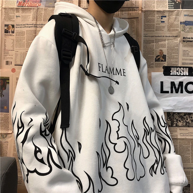 Kpop retro flame print hoodie Korean version ins Harajuku bf style street hip-hop loose plus velvet sweatshirt for men and women