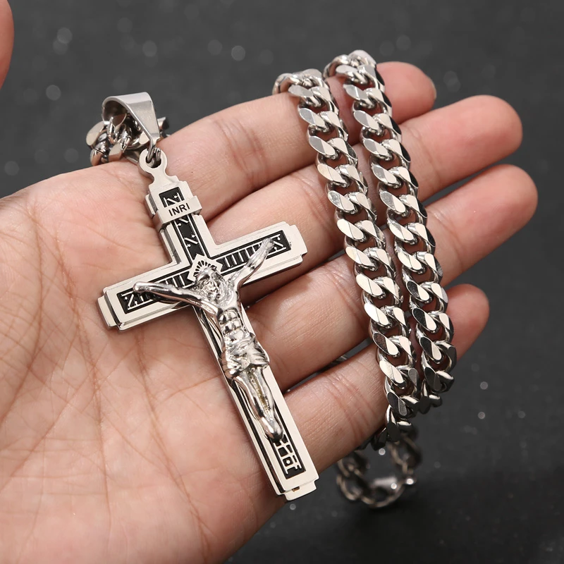Stainless Steel Crucifix Jesus Cross Necklace Pendant Multilayer Jesus Christ Crucifix Necklaces with 24'' Chain Top Quality