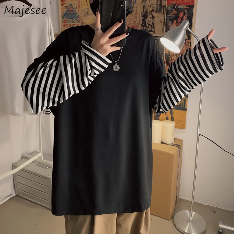 Men Long Sleeve T-shirts Fake Two Pieces Leisure Chic Striped Patchwork Ulzzang Spring Korean Style BF Loose Tshirts Teens Retro