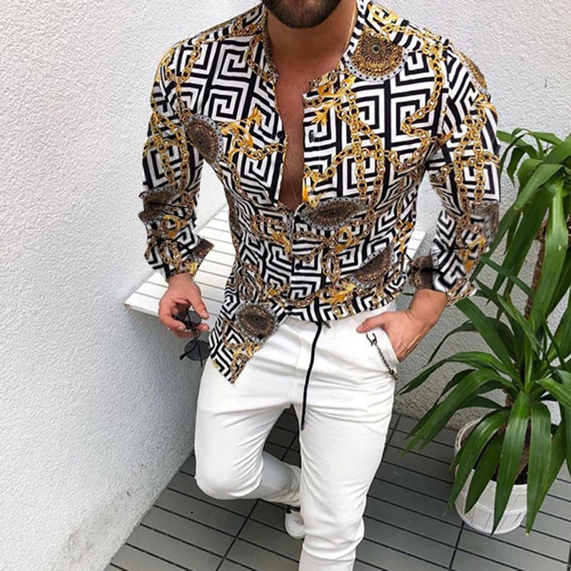 2021 Hot Sale  European American Men's Clothing Casual  Fashion Printed Shirt Single-Breasted Cardigan Long Sleeve Shirt Men