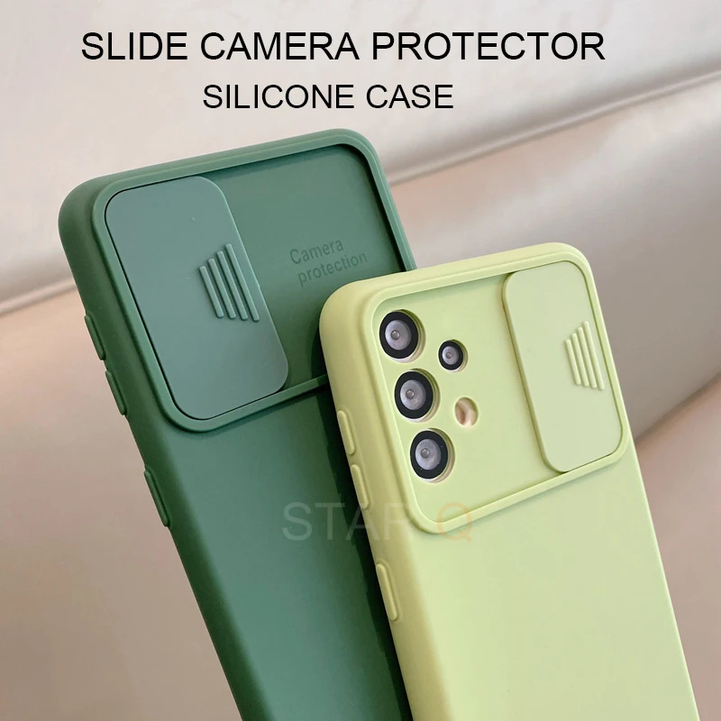 Slide Camera Lens Protector Liquid Silicone Phone Case For Samsung Galaxy A72 A52 A32 4G 5G A51 A71 A21S A50 A12 A 32 52 51 2021