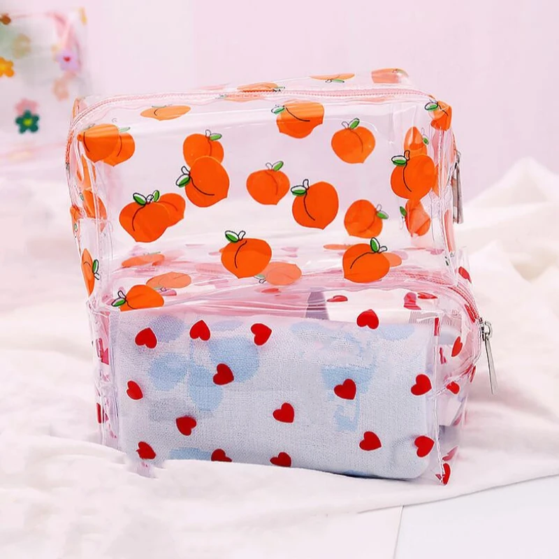 PVC Peach Flowers Pattern Pencil Case Transparent Fruit Pens Bag Stationery Pouch School Supplies