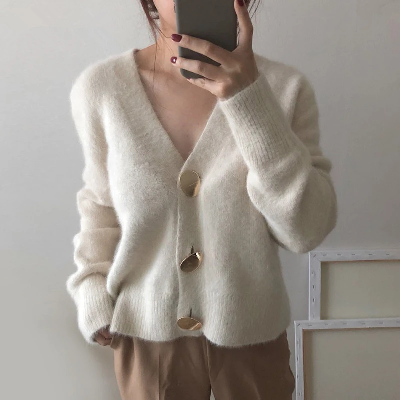 2021 Autumn Winter Fashion Women Mink Cashmere Cardigan Sweater Female V-neck Knitted Long haired mink cashmere sweater