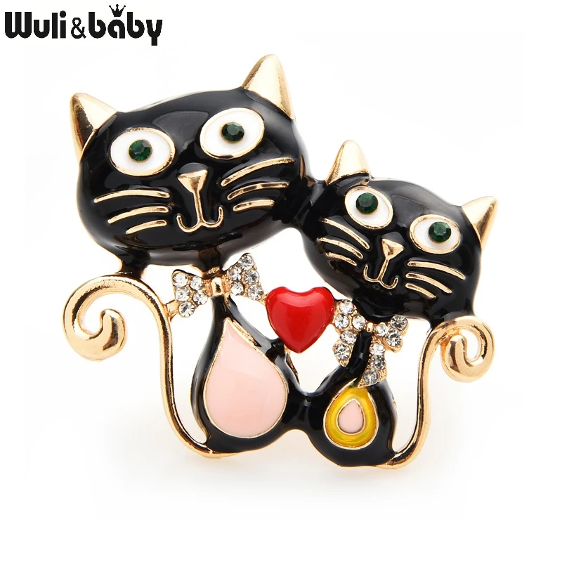 Wuli&baby Two Enamel Cat Brooches For Women 5-color Cat Pet Animal Party Casual Office Brooch Pins Gifts