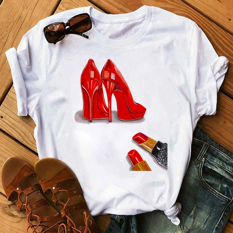 New Fashion Women T Shirt Red High Heels Shoes and Lipstick Print Tops T Shirt Female Harajuku Tops Tee 90s Ladies Tee Shirts T