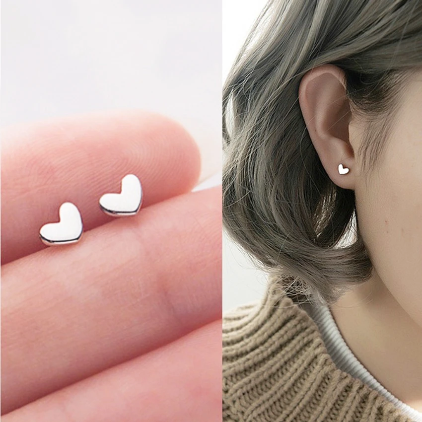 Trendy Minimalist  Silver Plated Mini Small Love Heart Stud Earrings for Women Student Teen Jewelry Gift