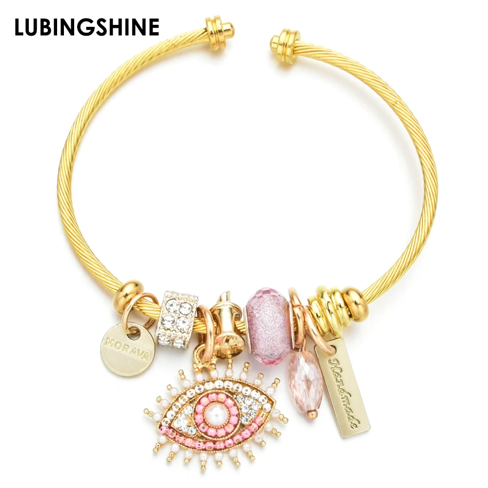 New Stainless Steel Bracelet Crystal Evil Eye Pendant Enamel Unicorn Charms Bracelet for Women Girls Cuff Open Jewelry