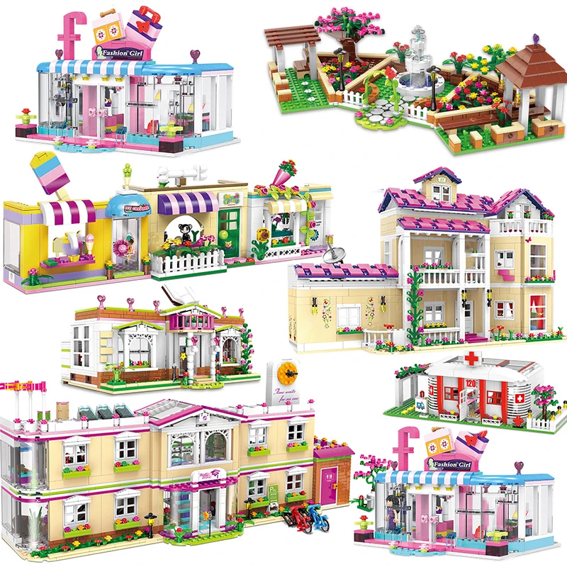 Friends For Girls Sets City School bus architecture play house model building blocks MOC hospital mall bricks Princess Wedding