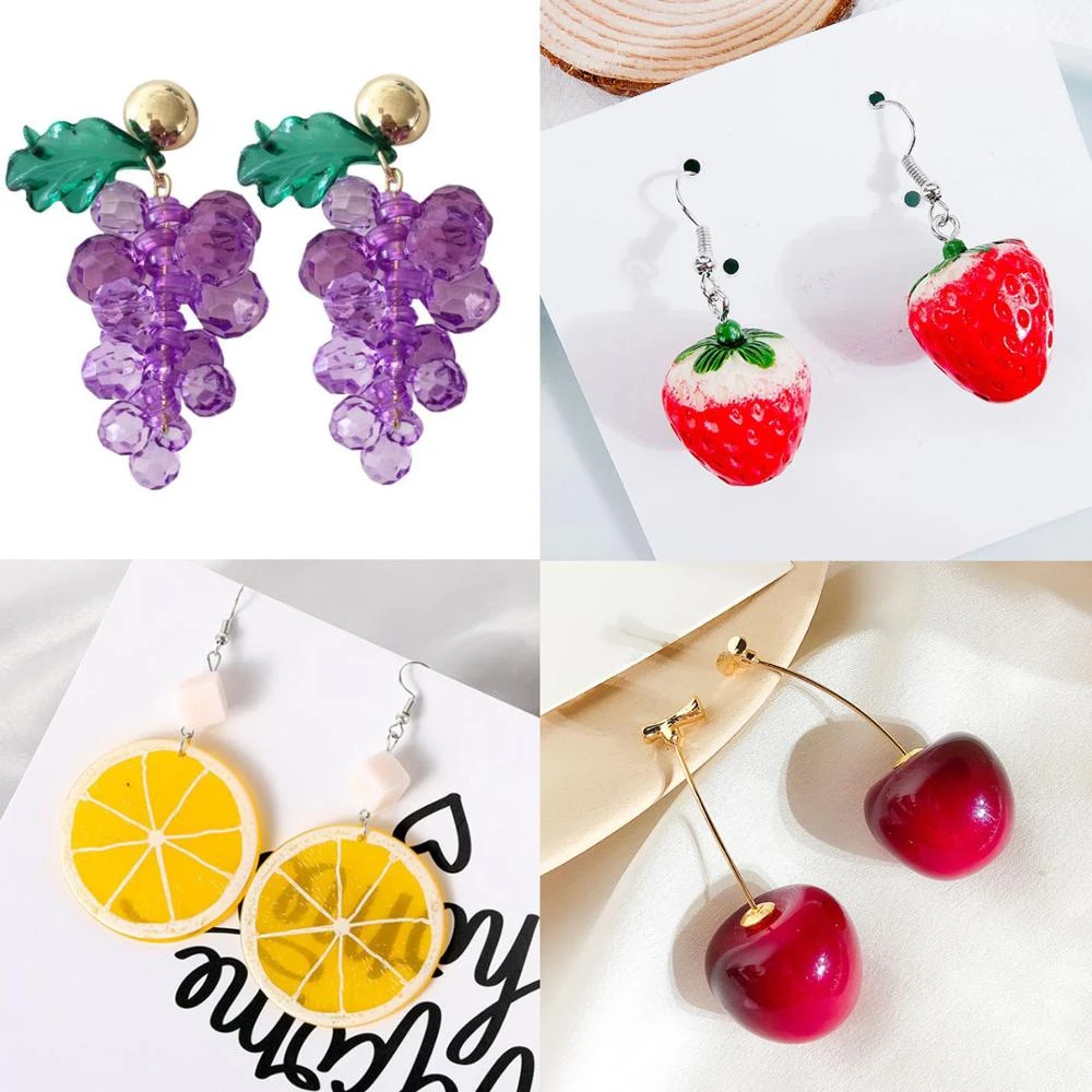 Women Cute Fruit Colorful Fashion Earrings Cherry Grapes Dangler Eardrop Clasp Lemon Oranges