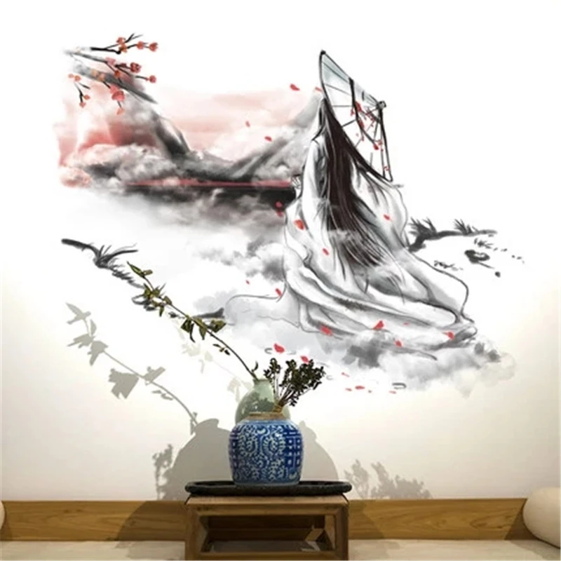 Chinese Style Wall Stickers Vintage Posters Vinyl Decal Bedroom Furniture Beautiful Woman Living Room Background Wall Decoration