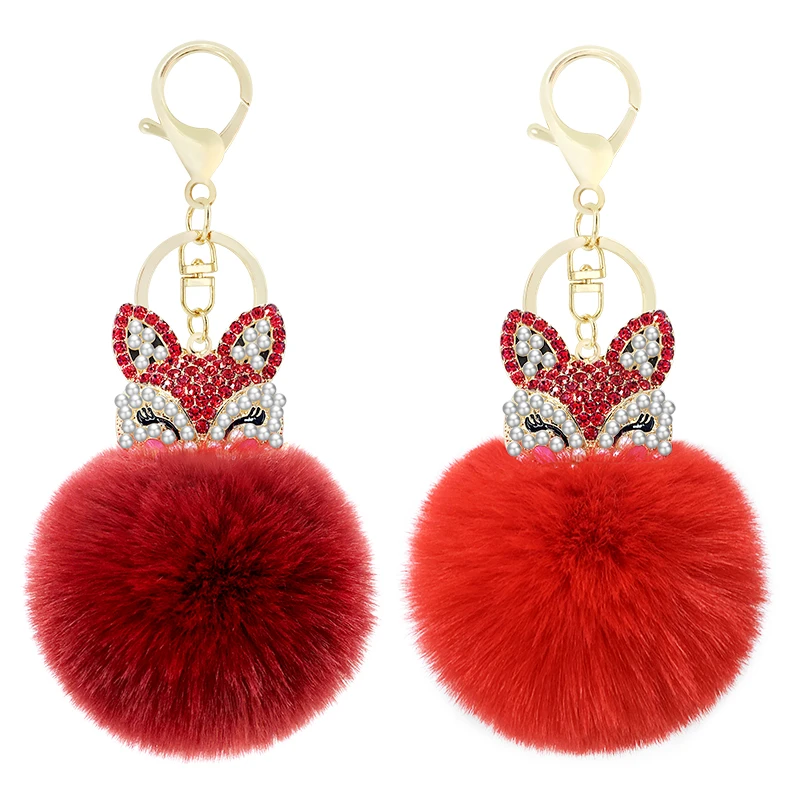 Cute mini fox fur ball keychain handmade fluffy fur pompom ball inlaid rhinestone lady bag accessories car key ring pendant