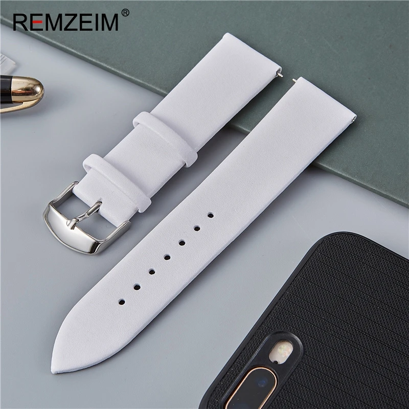 REMZEIM Genuine Leather Watch Strap 16mm 18mm 20mm 22mm White Brown Black Soft Calfskin Leather Watchband Watch Accessories