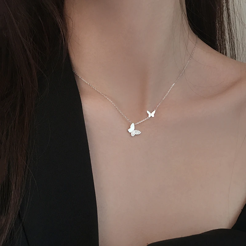 Big Small Two Butterfly Cubic Zirconia 925 Sterling Silver Clavicle Chain Necklace For Women Ladies Korean Dainty Jewelry SN2310
