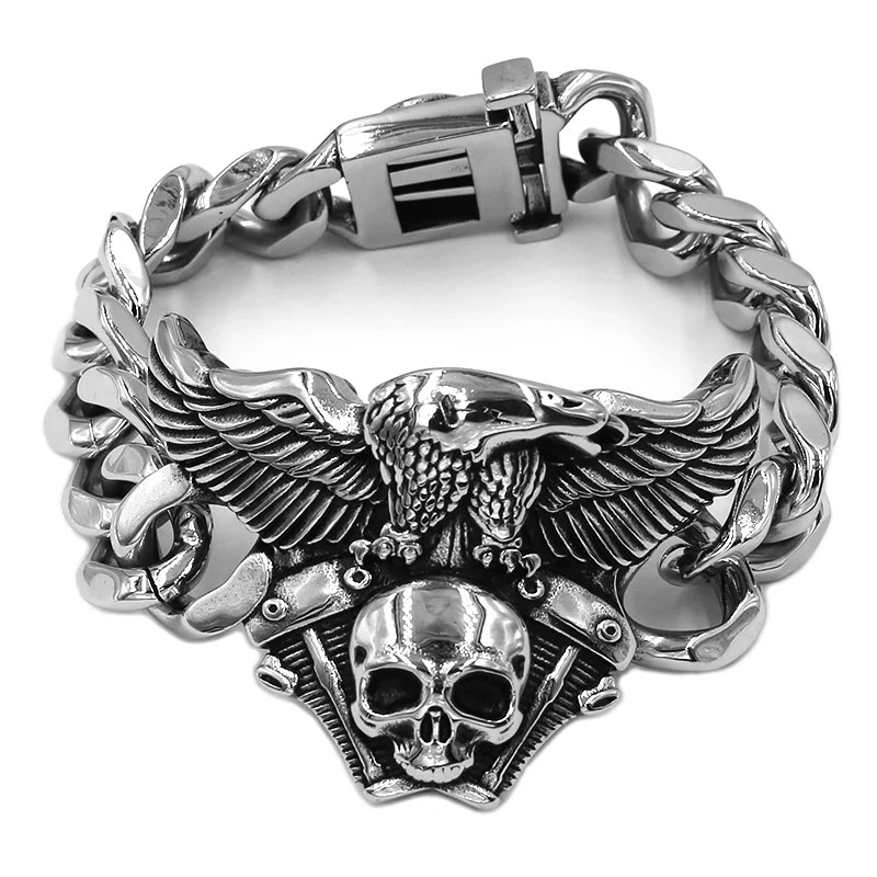 Engine Skull Eagle Bracelet Stainless Steel Titanium Jewelry Large Personality Vintage Skull Biker Mens Boys Bracelet SJB0368