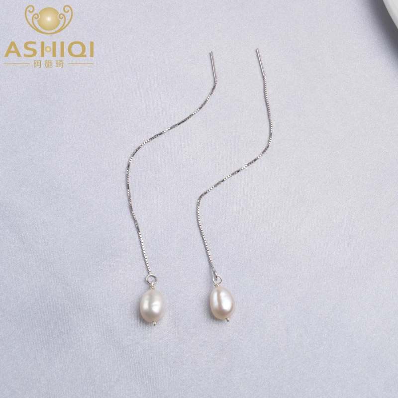 ASHIQI 925 Sterling Silver Natural Freshwater Pearl Pendant Long Chain Earring For Women Bohemian Jewelry