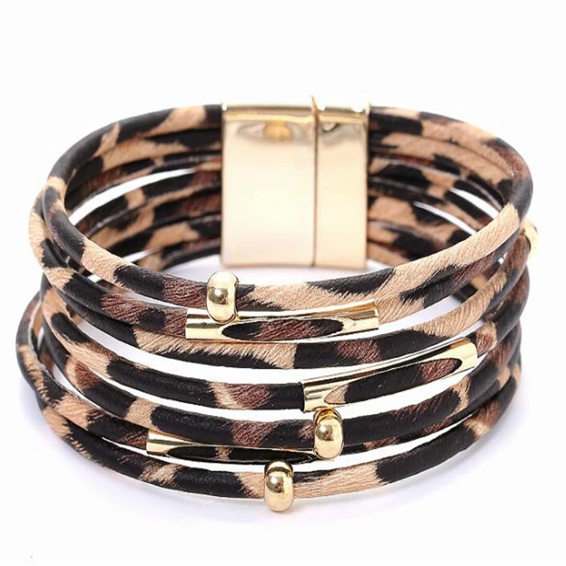 Leopard Leather Bracelets For Women 2020 Fashion Bracelets & Bangles Elegant Multilayer Wide Wrap Charm Bracelet Jewelry