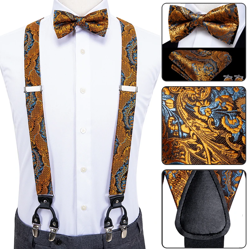 Luxury Silk Adult Men's Suspenders Leather Metal 6 Clips Braces Men's Wedding Party Bow Tie and Vintage Elastic Suspenders Men